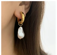 titanium with 18 k gold geo faux baroque pearl drop earrings punk party gown runway rare boucle korean japan ins boho top