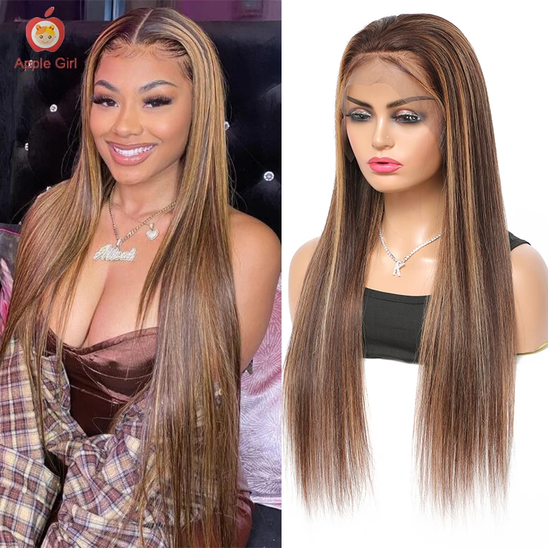 32 Inch Highlight Straight Transparent Lace Front Wig 13x4 Brazilian Remy Human Hair Lace Frontal Wigs 180% Density  Applegirl