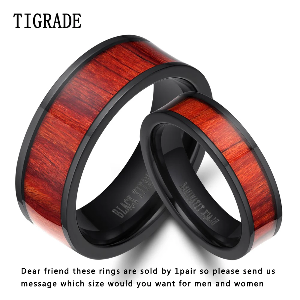 Tigrade, 2 шт./лот, уникальные кольца для пар, деревянная инкрустация, плоские винтажные титановые кольца для мужчин и женщин, деревянные обручальные кольца для влюбленных
