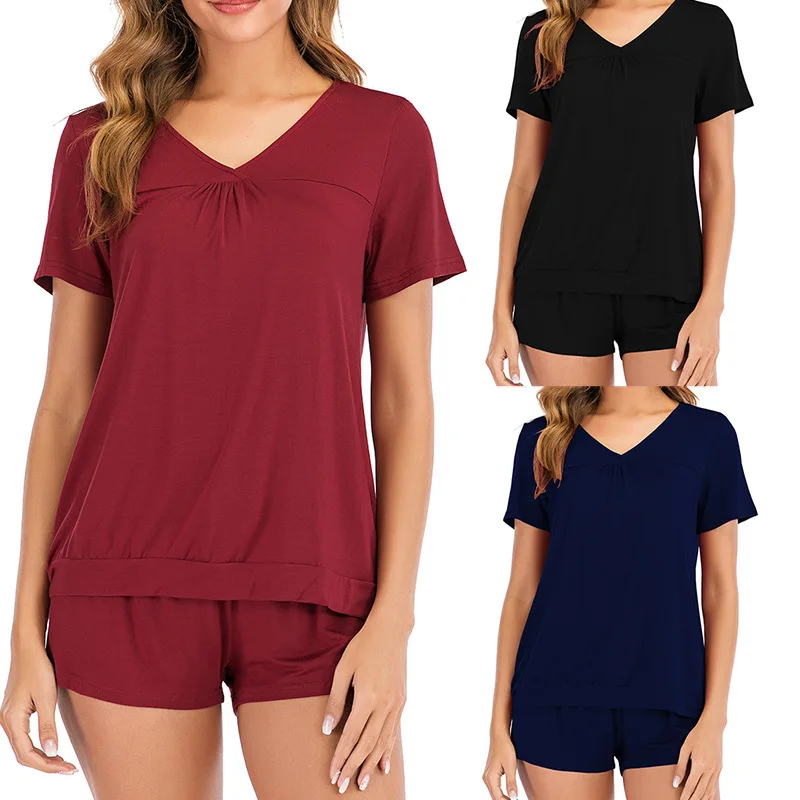 

Summer Casual Women Pijamas Shorts 2 Pieces Set V Neck Short Sleeve Top + Mini Pants Modal Sleepwear Lingerie Set Home Clothes