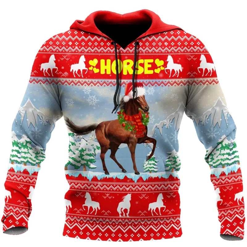 

Fashion Harajuku Hoodie Horse Christmas 3D Printing Merry Christmas Men's Sweatshirt Unisex Pull-on Casual Jacket Sportswear