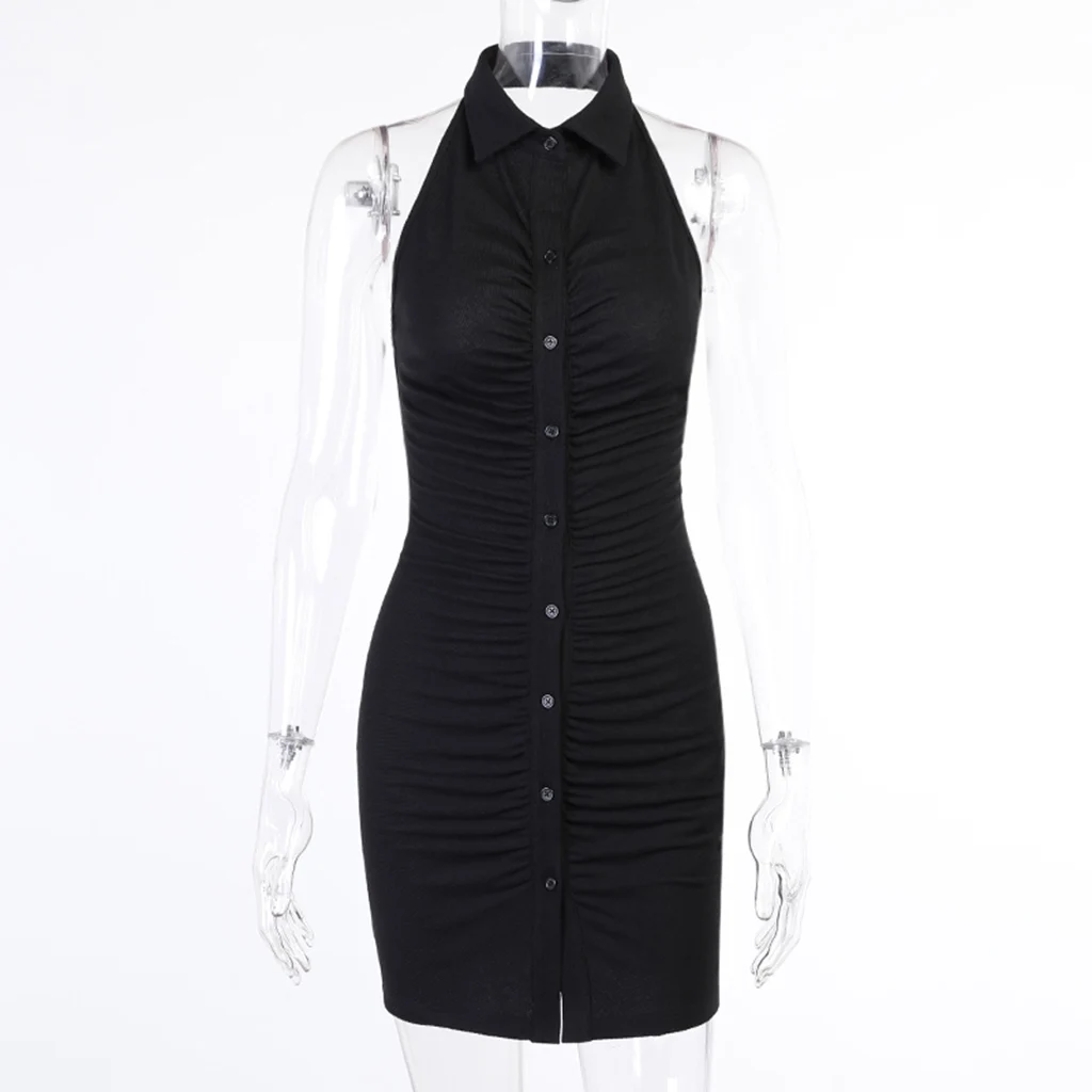 

Cryptographic Ruched Black Dress Knitted Elastic Sleeveless Bodycon Elegant Women Button Party Slim Dresses Fashion Casual