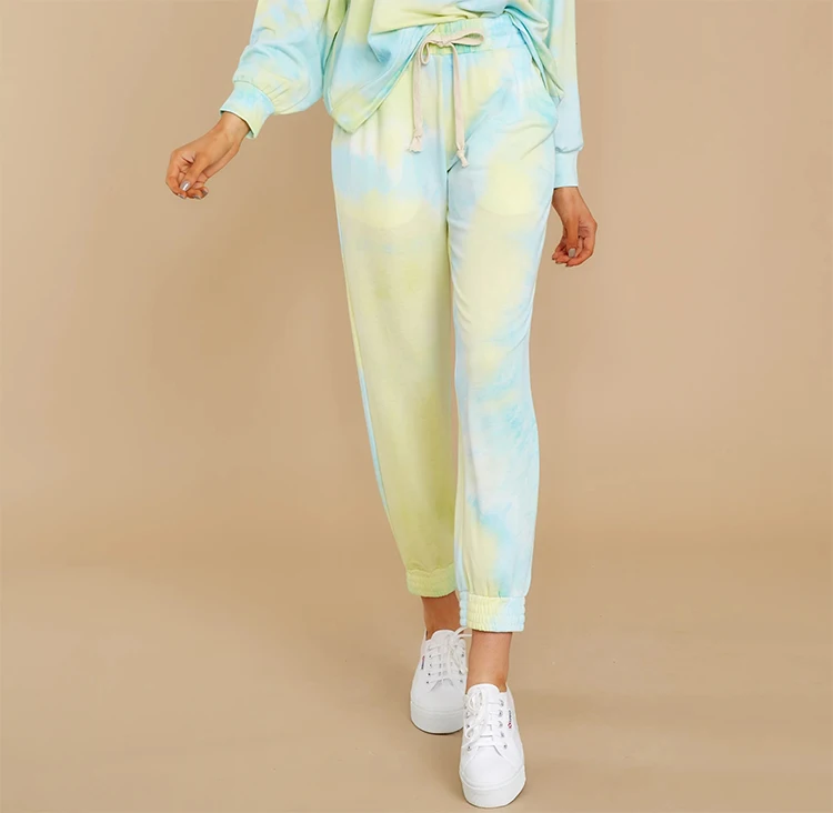 

2 Pieces Suit Set, Women s Tie-Dye Print Long Sleeve Hooded Top and Trousers, Pink/YellowHoodies + trousers