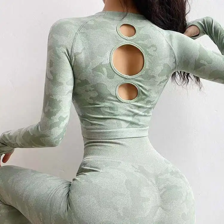 

European and American camouflage women's long sleeve high waist pants two-piece Fitness Yoga sportswear