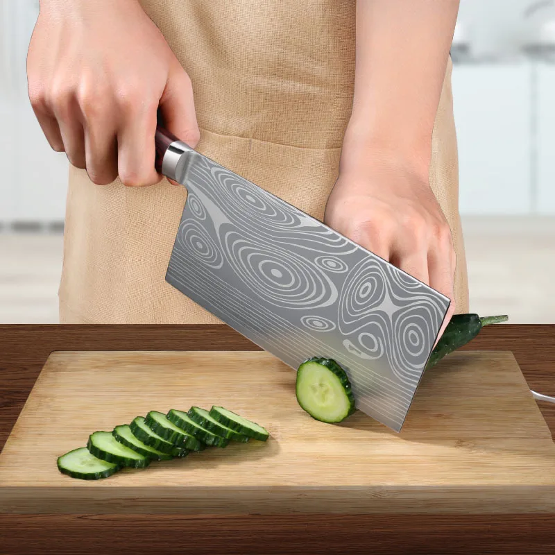 7cr17mov кухонные ножи из нержавеющей стали с лазерным Дамасским узором нож