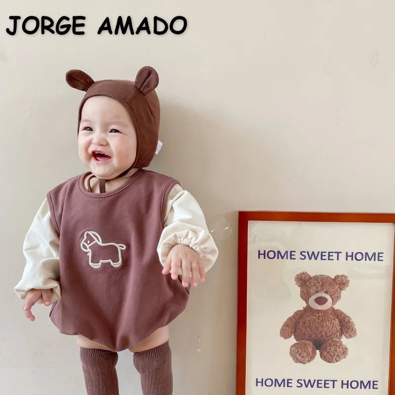 Monos de manga larga para beb&eacute; y ni&ntilde;a, mono de dibujos animados de perro + medias de Color s&oacute;lido, ropa para beb&eacute; de 0 a 2 a&ntilde;os, E1021, novedad de Oto&ntilde;o de 2021-0