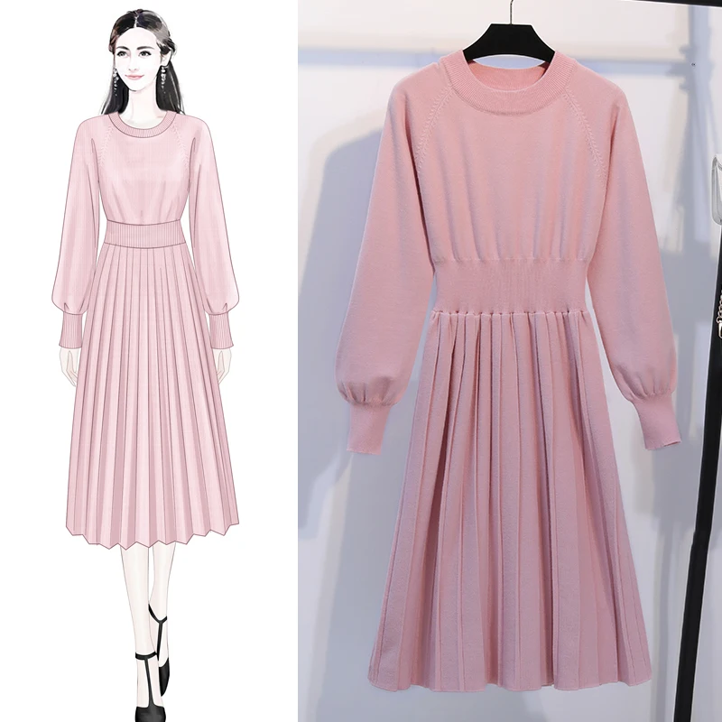 Элегантное плиссированное платье свитер А силуэта Женское зимнее однотонное с