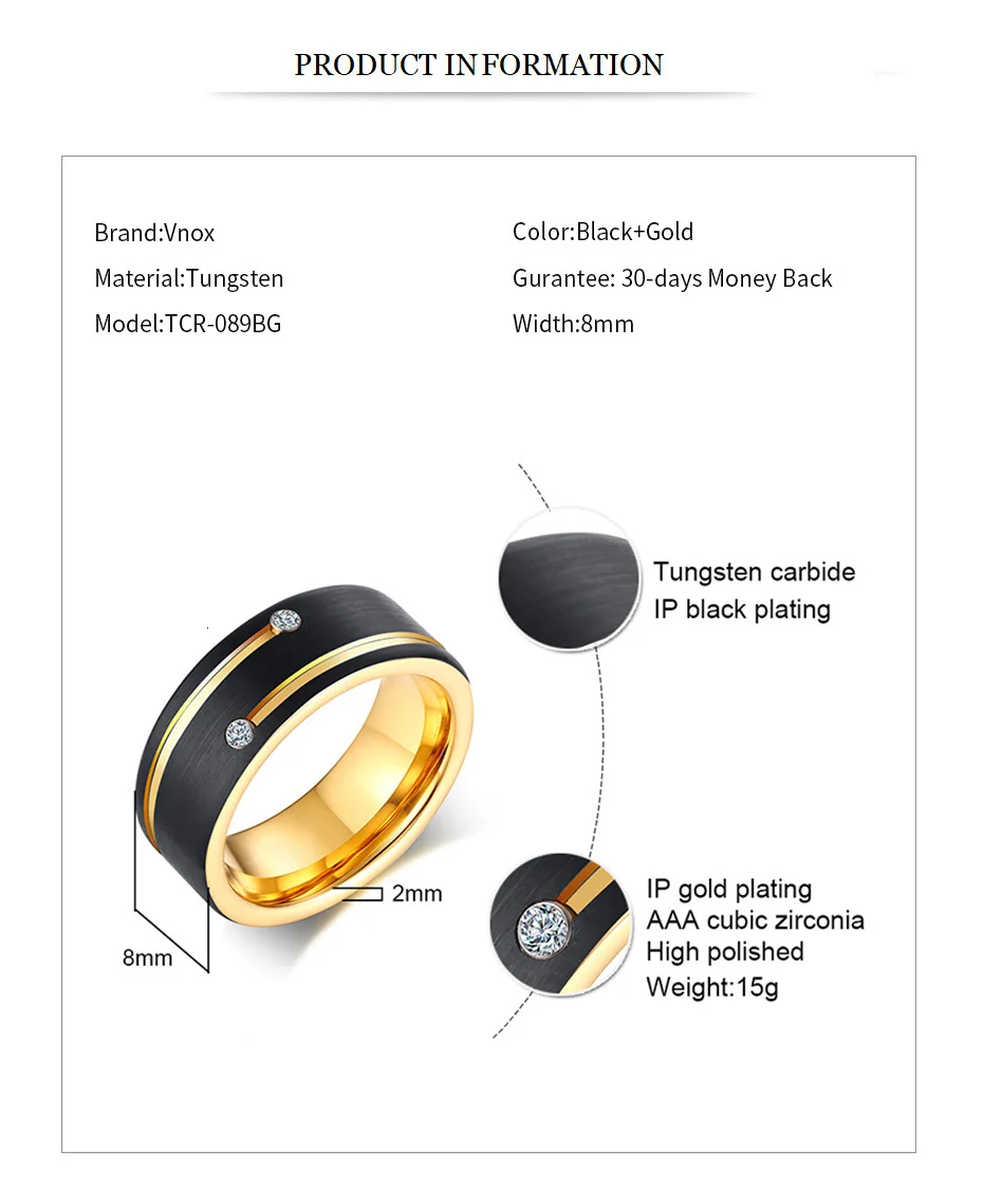 Vnox Free Custom Name Ring for Men Black Tungsten Carbide Wedding Band with Gold Tone Lines AAA CZ Stones Gent Anel