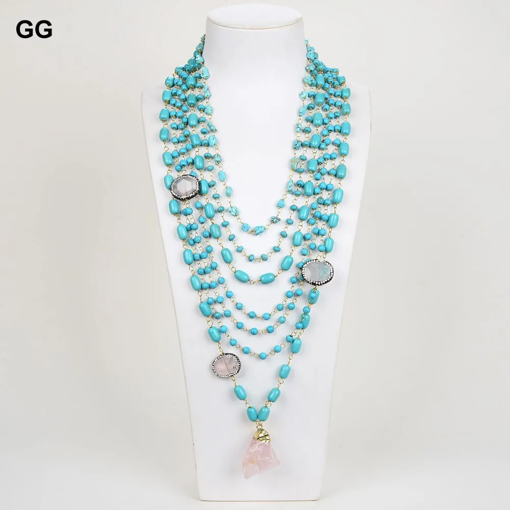 GG Jewelry 19 &quot-31&quot 7 нитей голубой бирюзовый камень кошачий глаз розовая подвеска в