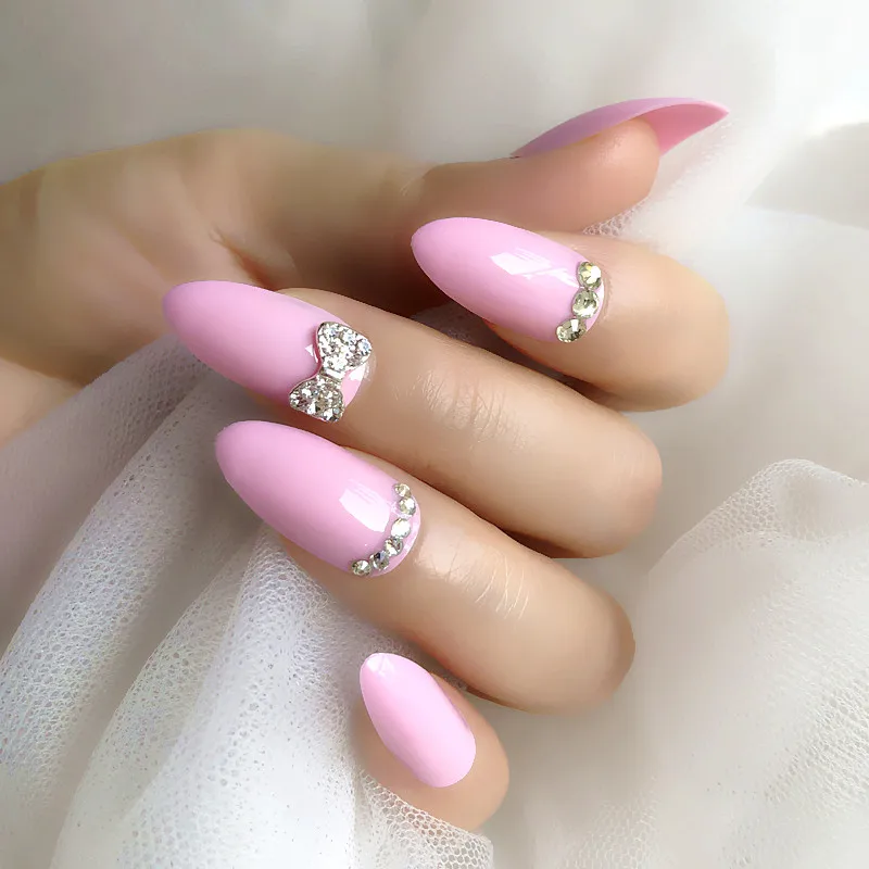 

Custom manicure 3D shiny Rhinestone elegant bowknot smooth pointed pink stiletto with fake nails design press on the false nail