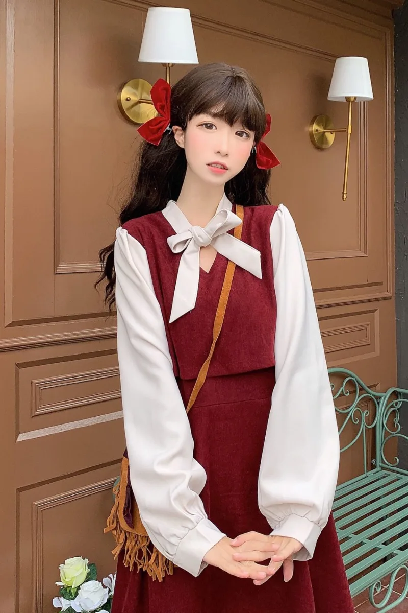 

Moko Japanese College Style Sweet Bow Mid-Length Long Sleeve Dress for Women Autumn and Winter 2020 New sweet lolita dress
