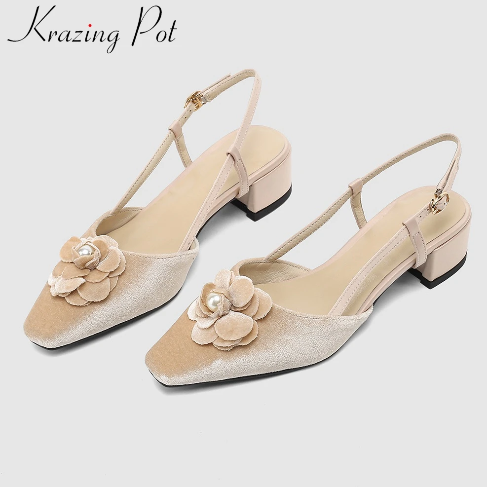

Krazing Pot velvet shoes natural leather dating square toe thick med heels summer sweety flowers applique elegant sandals L52