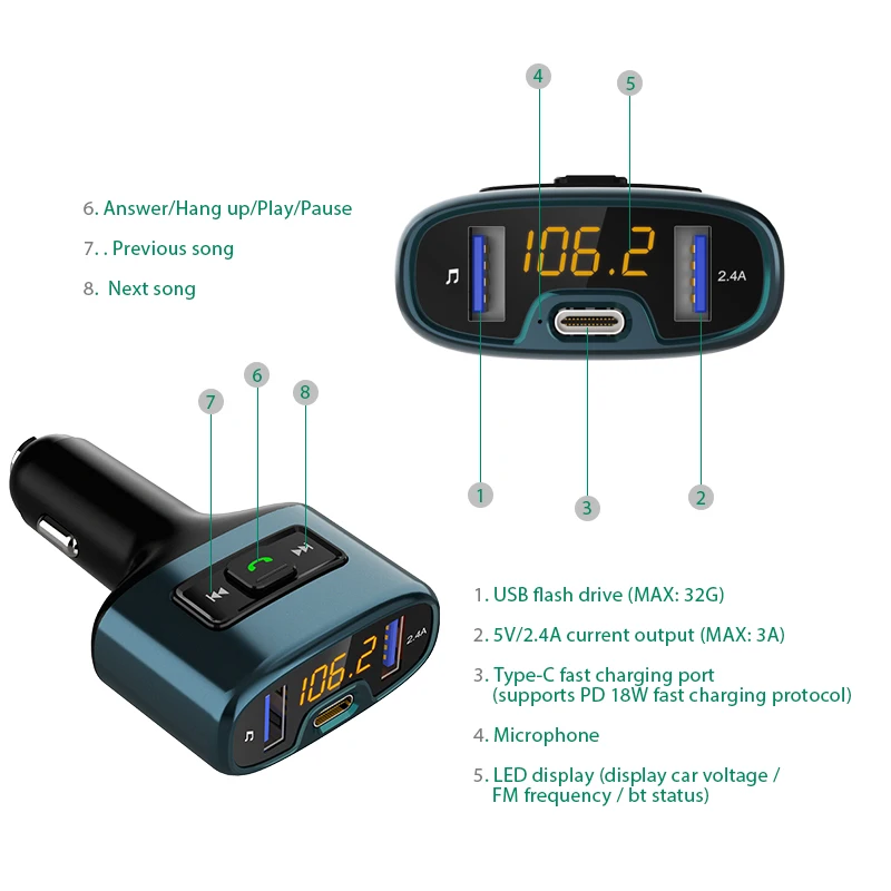 Автомобильный Fm передатчик VANJEW C52S Bluetooth с двумя USB портами|FM-трансмиттеры| |