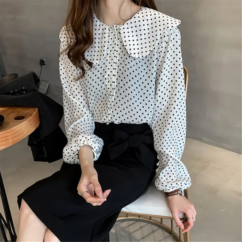 Women Elegant Blouse Long Sleeve Top Cartoon Dot Print Vintage Blouses Doll Collar Single-breasted Loose Clothing #25 | Женская одежда