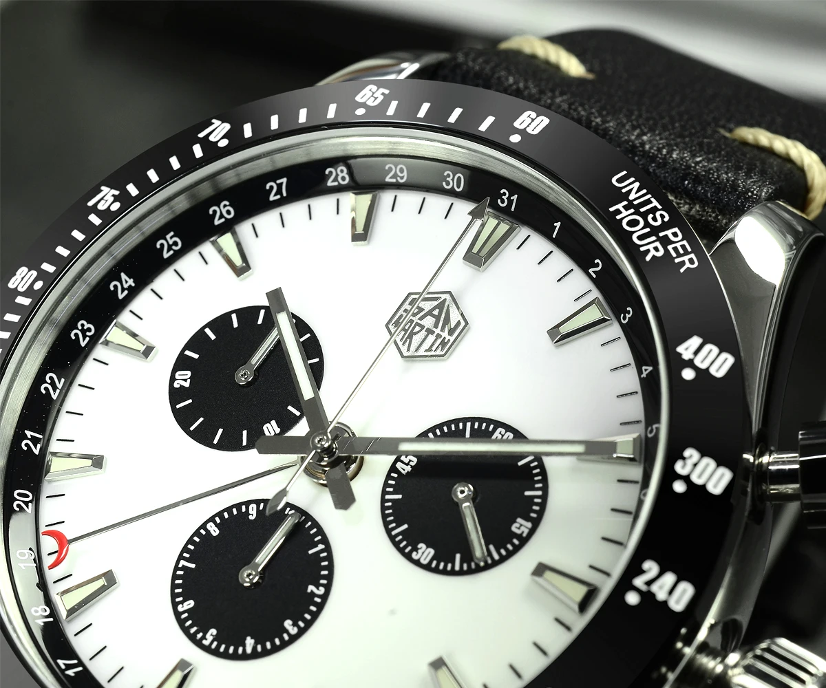 Lugyou San Martin Quartz Watch Men Chronograph Timepiece Sun ray Metal Band Sub Dials Pusher Sapphire 100m Water Resistant Glow