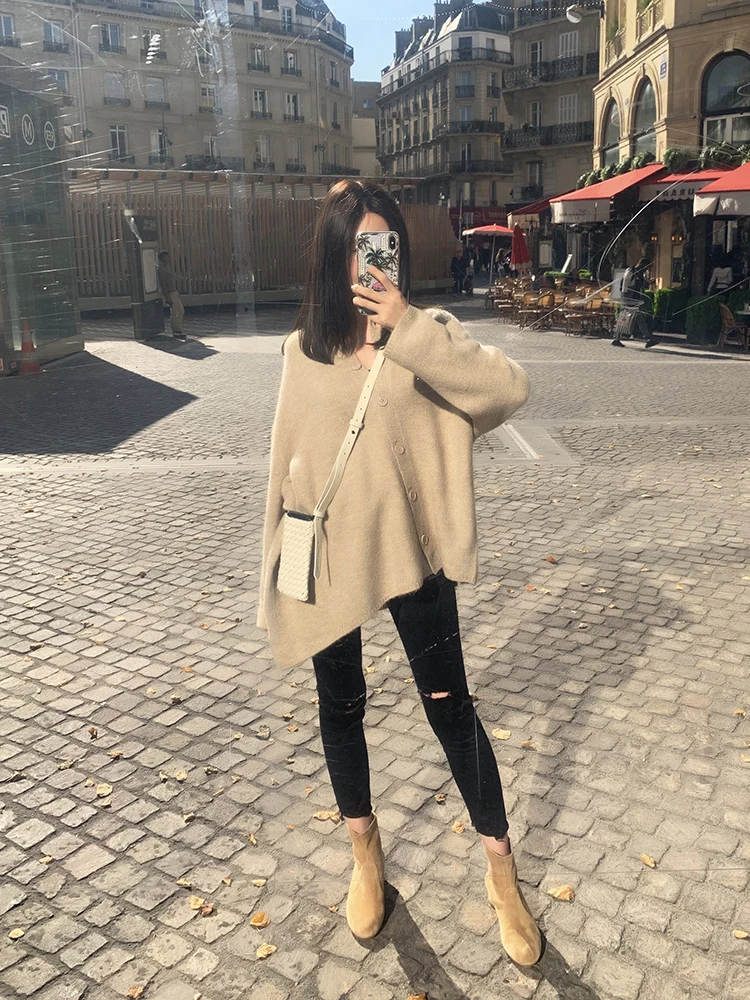 

Women Knitted Cardigan Female Mohair Sweater Asymmetrical Loose Cashmere Knitwear Top