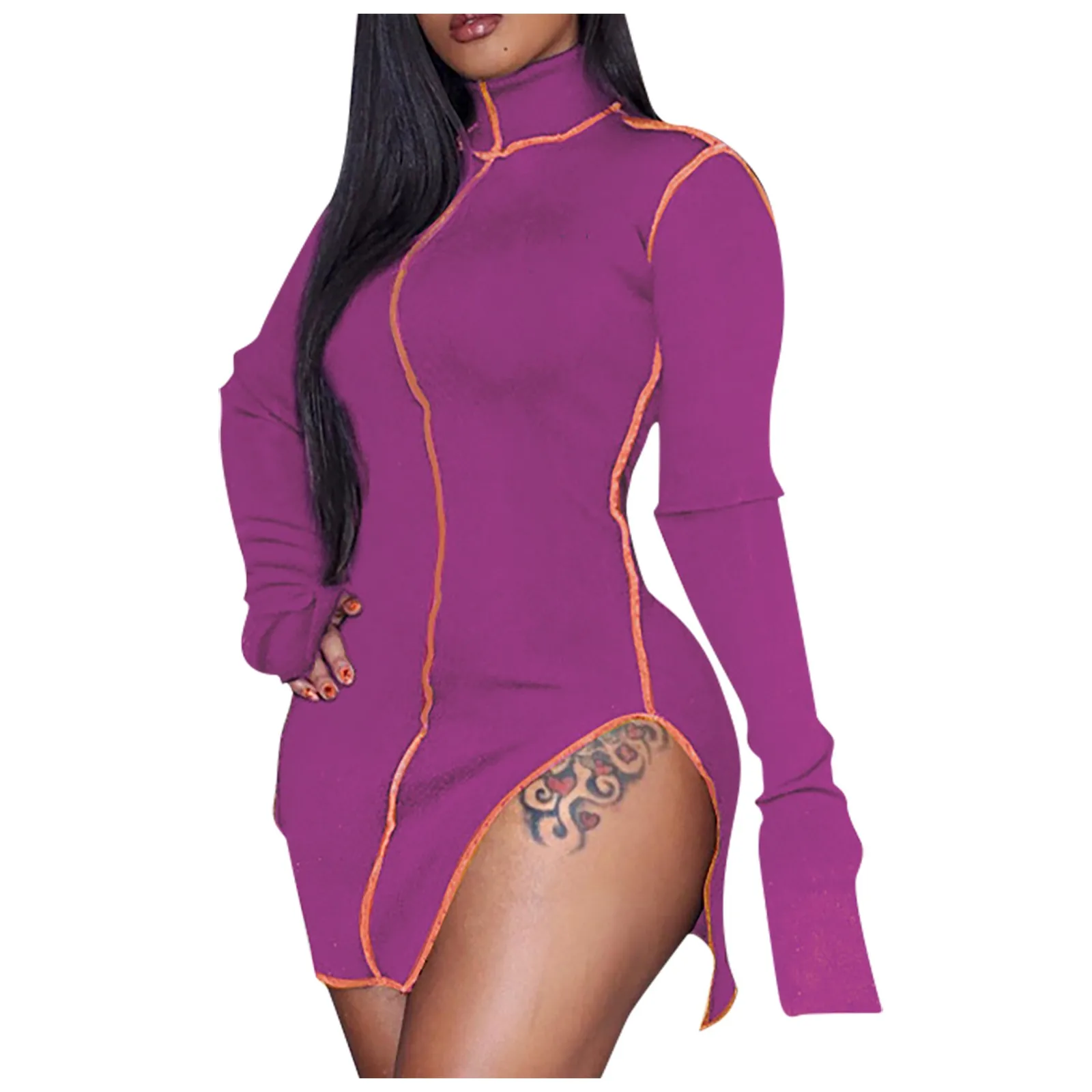 Fashion Long-sleeved dress High Collar robe Splicing Line Temperament Slim Dress Women Casual Loose woman женское платье |