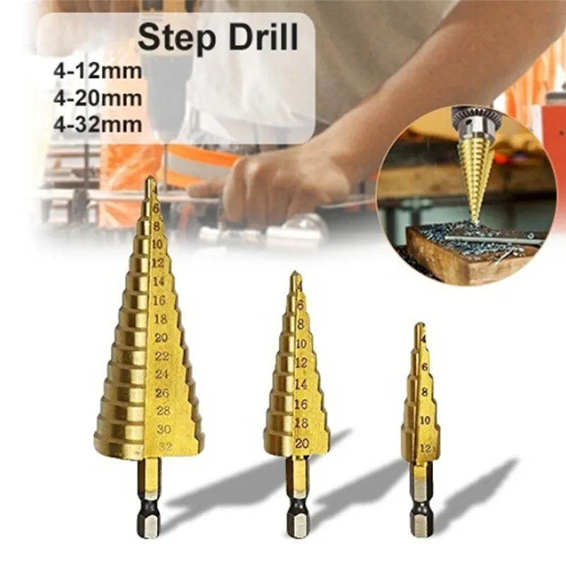 

1pcs 4-12/20/32mm Large HSS Steel 4241 Steel Step Cone Drill Titanium Bit Set Hole Cutter Hex Core Drill Bits Tool