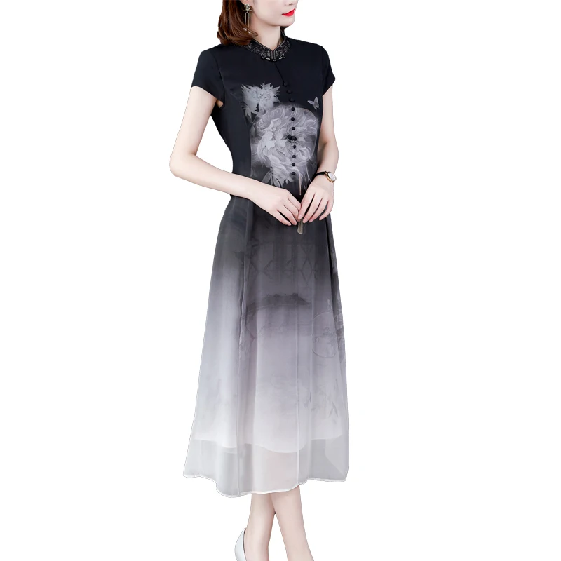 Женское платье в китайском стиле длинное летнее с коротким рукавом улучшенное