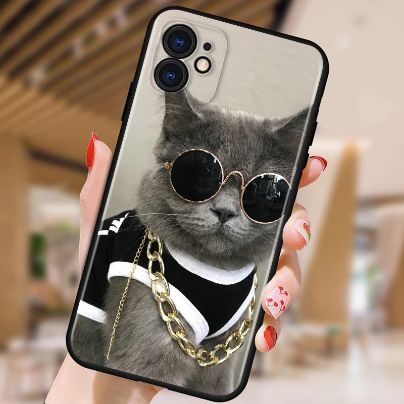 

Cat with glasses For Apple iPhone 12 11 XS Pro Max Mini XR X 8 7 6 6S Plus 5 SE Black Phone Case