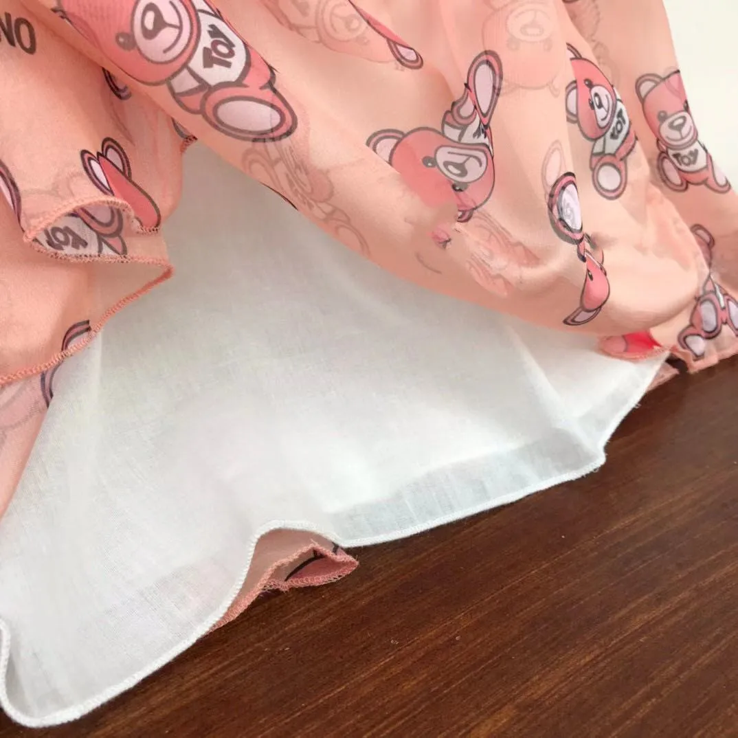 

2021 Hot Summer Pink Animal Printed Chiffon Cake style Short Sleeve Girls Dress 100-150cm Toddler Girls Clothing 3 4 6 8 10 12Y