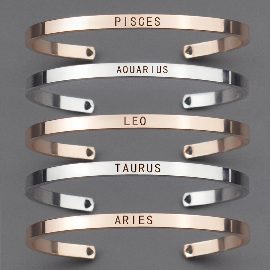 

12 Zodiac Letters Bracelet Aquarius Pisces Aries Taurus Gemini Leo Engraved Copper Alloy Cuff Bracelet Bangle Couples Gift