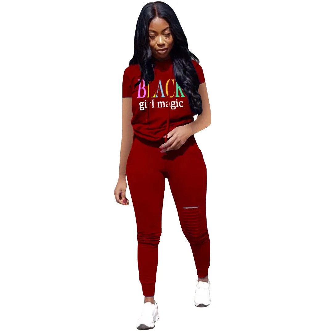 

Women's Tracksuit Two Piece Club Outfits Letter Print Short Sleeve Hooded Hoodie and Hole Pencil Legging Plus Size Sweat Suits