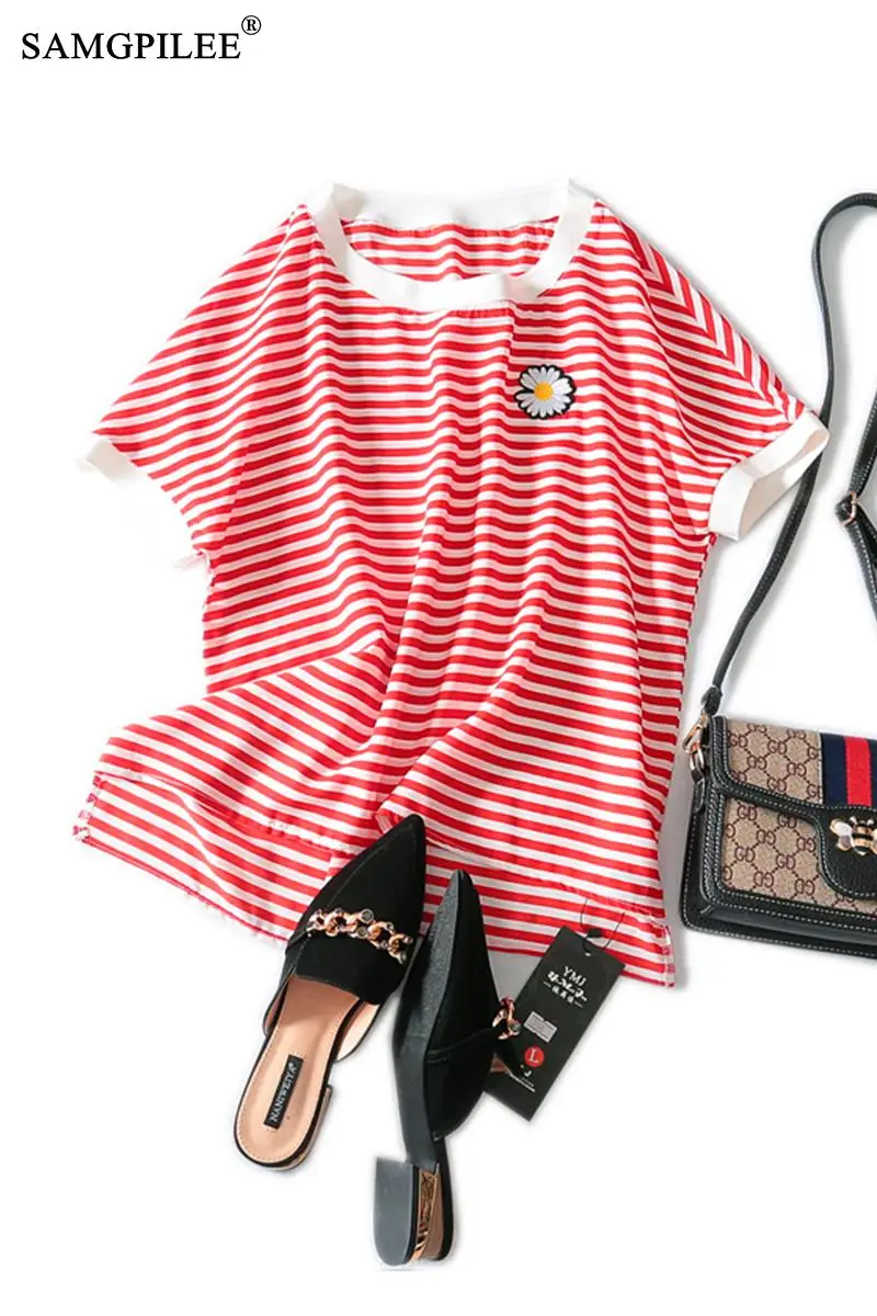 

2020 Women Summer Clothing Plus Size Women Casual T-shirts Chiffon Short Sleeve Striped O-neck Femme T-shirt Brand Women 3XL
