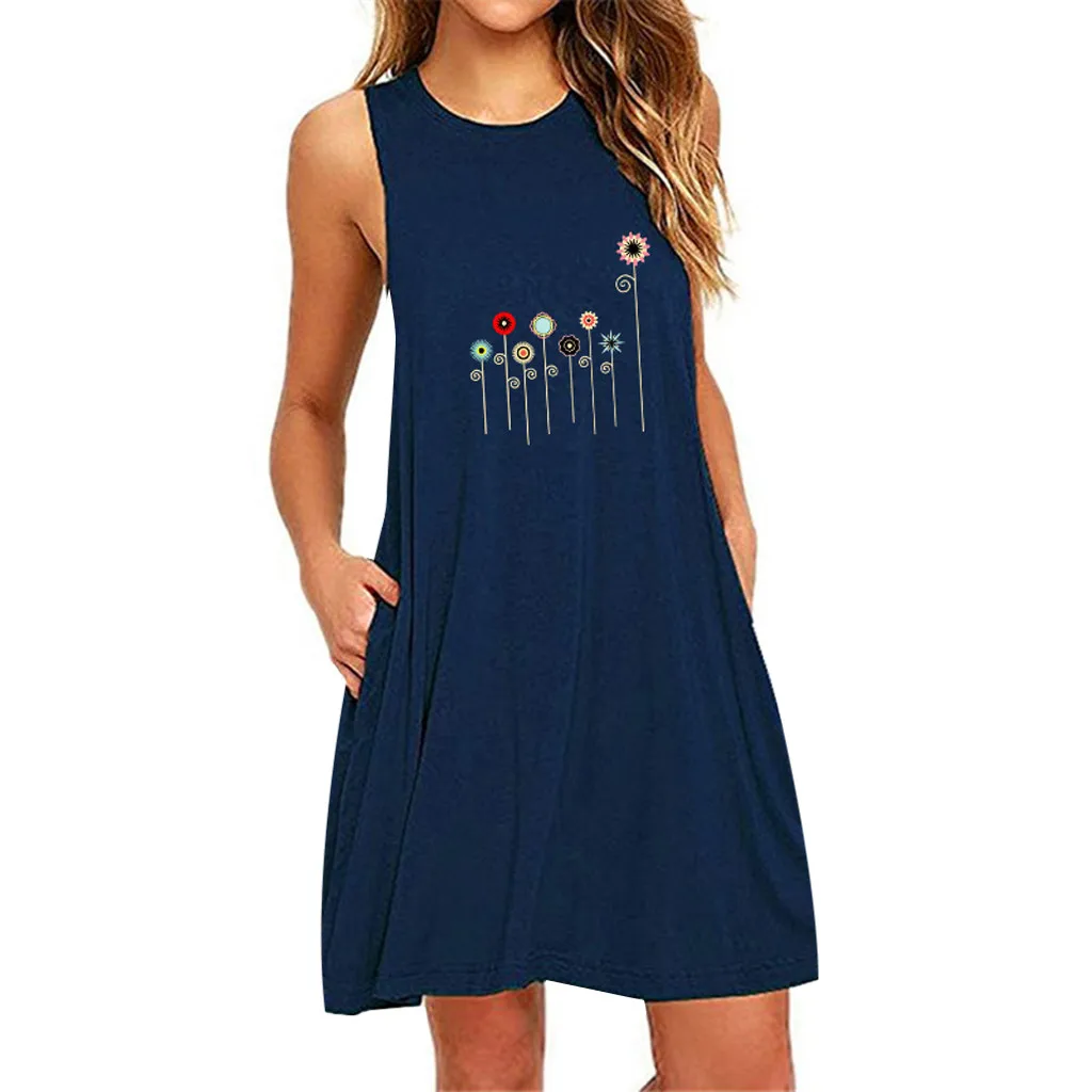 Женское платье без рукавов повседневное мини-платье с круглым вырезом карманами