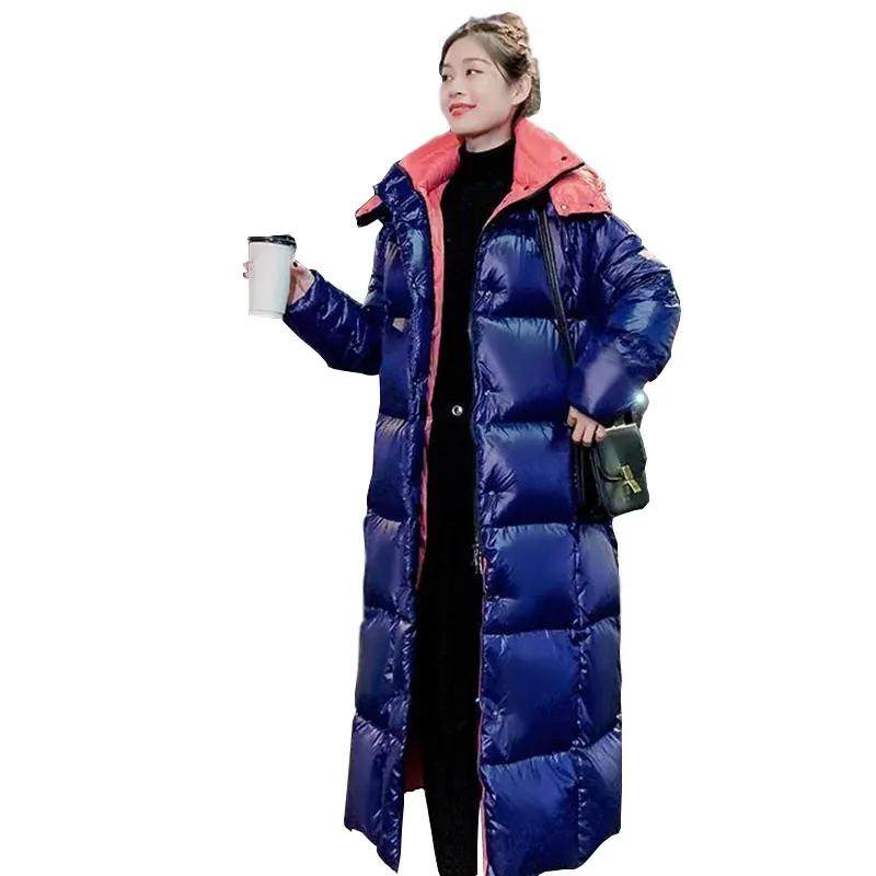 

Длинное зимнее пальто X-Long для женщин, зимняя свободная теплая верхняя одежда 2021, модные глянцевые хлопковые пальто, куртка с капюшоном, Женс...