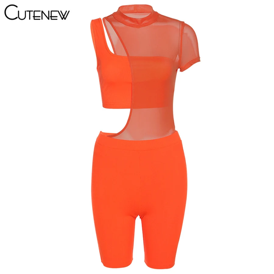 

Cutenew 2021 Summer Fashion Casual Sexy Mesh Skinny Stretch Women Solid Black Bodysuit And Shorts Two Piece Set Female Tracksuit