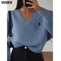 viisen tops for women sweater solid casual v neck long sleeve pullover sweaters 2021 autumn winter embroidery sweater oversize