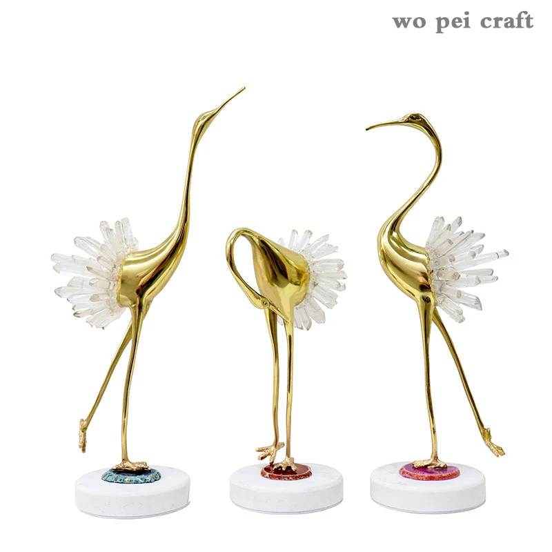 

Natural Material Fairy Crane Copper Statue Agate Crystal Ornaments Marble Base Crane Figurine Desk Decoration Vintage Home Decor