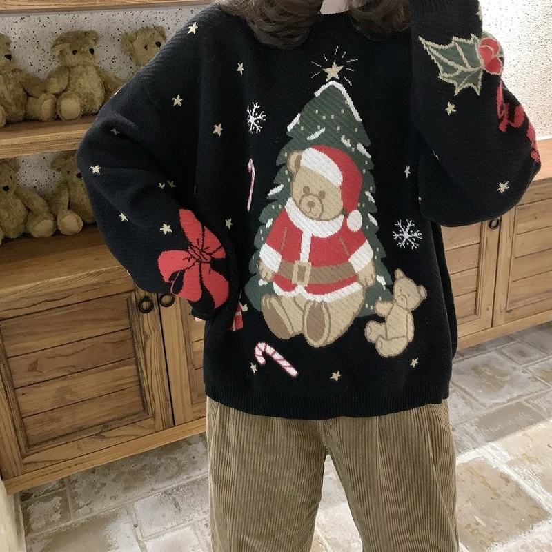 

Christmas Sweater Women Cute Bear Starry Sky Bow Pattern Loose Pullover Vintage Harajuku Sweater Kawaii Clothes