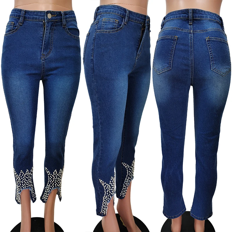 

ZKYZWX Sexy Beading Bodycon Jeans for Women Festival Clothing Trendy Elastic High Waist Button Streetwear Club Casual Trousers
