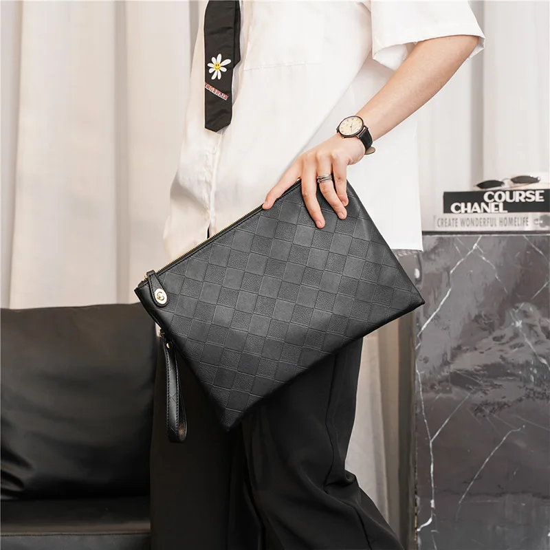 Men's Fashion Clutch Cowhide Woven Large Plaid Luxury Brand Design High Quality Leather Business Paper Bag