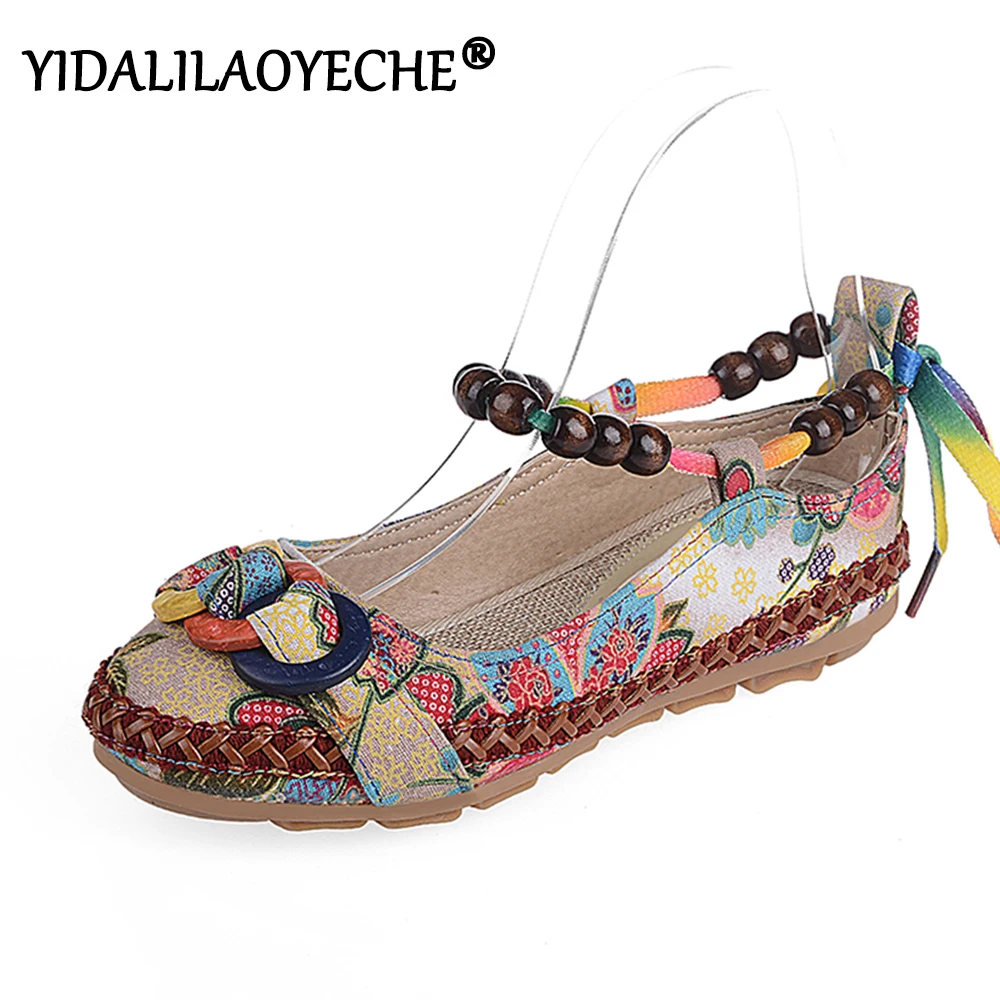 2019 spring and autumn women's flat shoes round head embroidered color matching casual shallow rope beads Lok Fu | Обувь