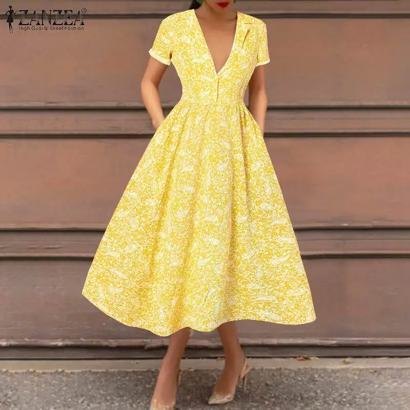 

Womens Bohemian Vintage Midi Dress ZANZEA French Elegant A Line Vestido 2021 Summer Print V Neck Robe Holiday Party Lady Dresses