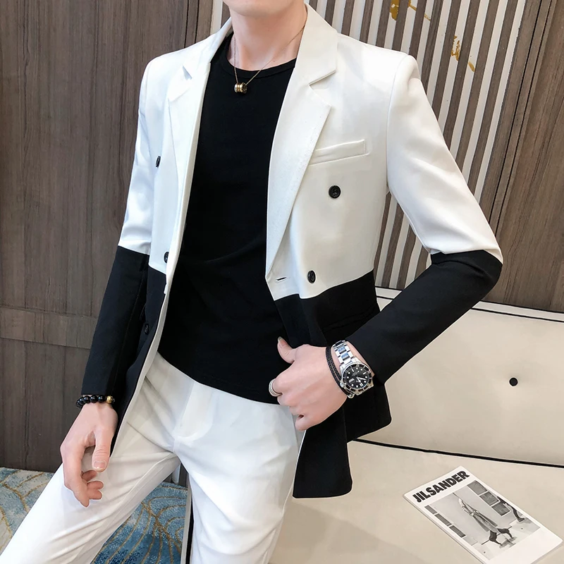 

Men's Blazer Stitching Hombre Slim Semi-Black Red White Double-Breasted Blazer Masculino Wedding Prom Fashion Men's Blazer Men