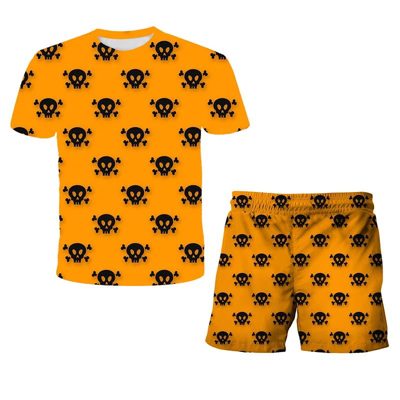 

2021 summer new boys 3D skull t-shirt + Shorts Punisher hip hop Street short sleeve girl skull pattern set