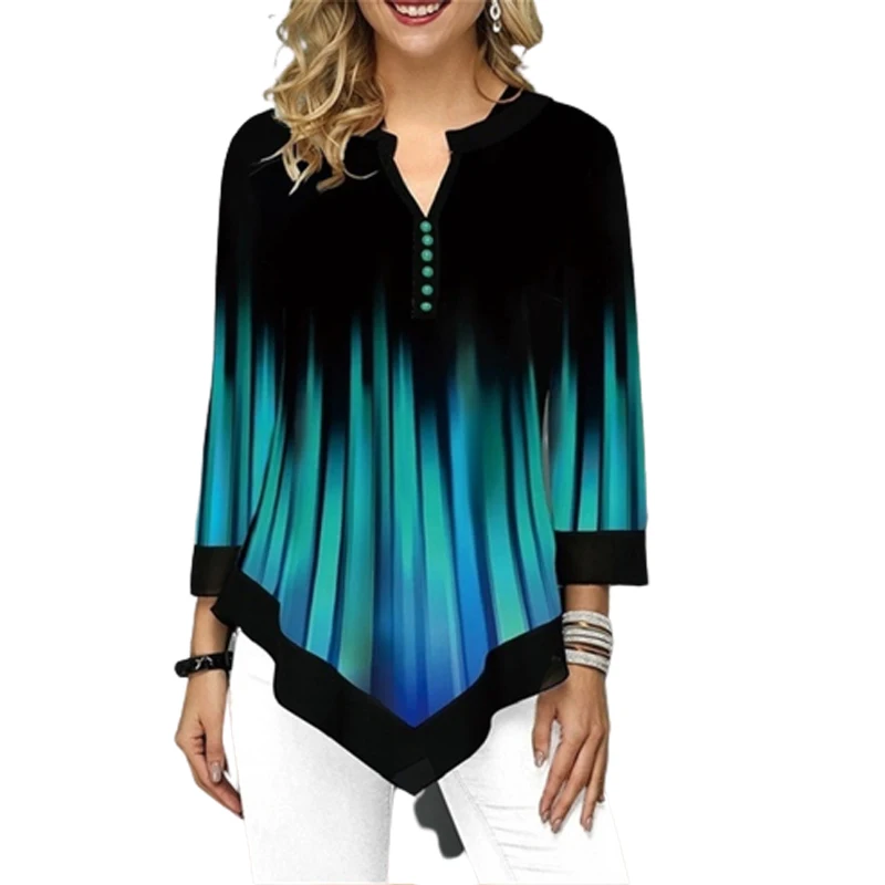 

5XL Plus Size Women Tunic Shirt Long Sleeve Fashion Printed And Tops Irregular Oversize Gradient Women Clothing T Shirts Tees