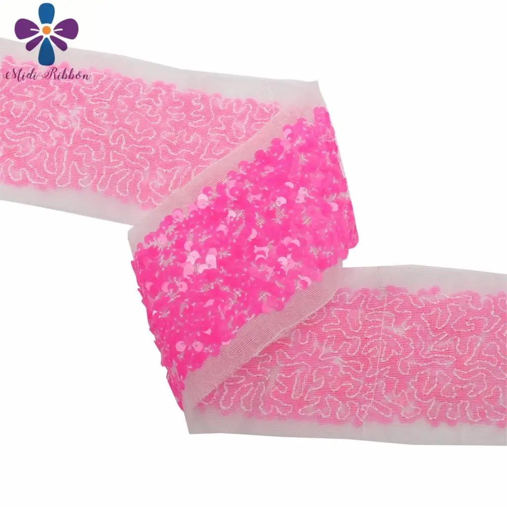 3&quot75mm Scatter Sequin Tape (Back Side with Tulle 9.5cm Width Added 1cm Edge) 25.5yards/Pack (3*8.5y/roll) DIY Hairbow Neon Pink | Дом и