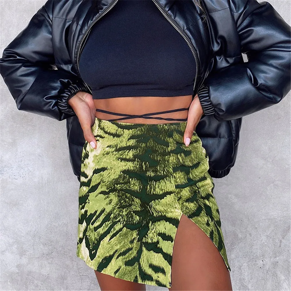 

Sexy High Waist Tiger Stripe Pattern Print Split Dating Daily Slim Mini Skirts Green Summer Women Skirts