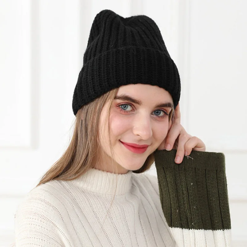 

Q Knit Hat Women Beanies Winter Hats For Women Warmer Double Layer Thick Student Cap Soft Wool Casual Caps Sweet Girls Bonnet