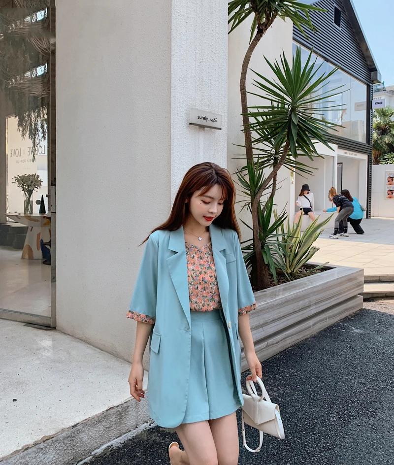 

3 pieces Female Shorts Set Short Sleeve Blazer & Loose Shorts & Shirts Summer Short Pant Suits for Women tracksuit