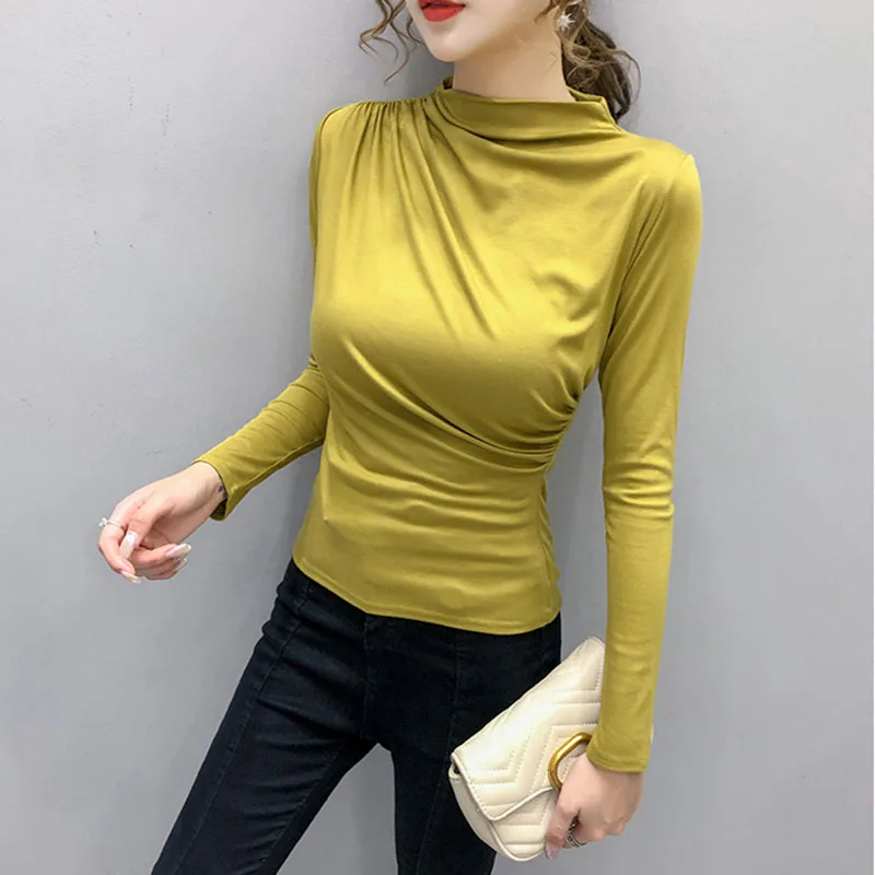 

Autumn Black Cotton Women's T-shirt Solid Stand Collar Long Sleeve T Shirt Skinny Tee Shirt Femme Korean Fashion Slim Top Mujer
