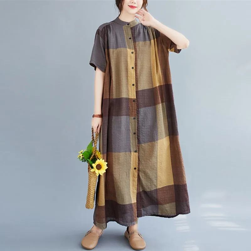 

Oversized Women Casual Long Dresses New 2020 Summer Vintage Style Plaid Print Loose Comfortable Female Cotton Shirt Dress S2807