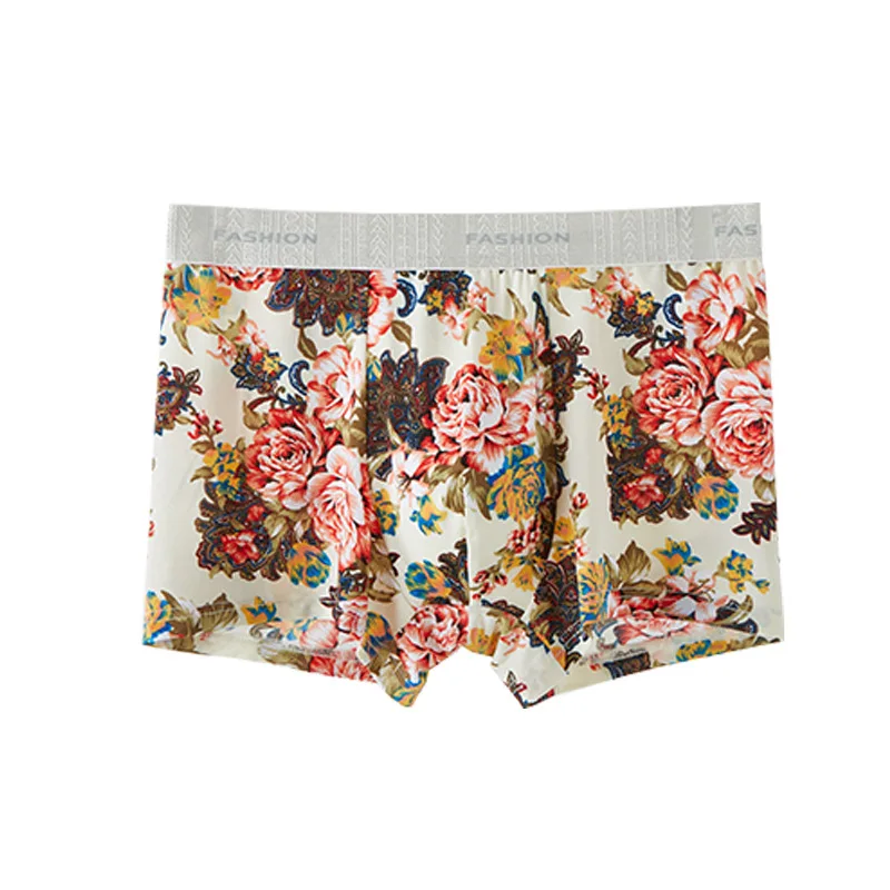 

Fashion Men Boxers Mid Waist Mens Home Underpants Printed Man Underwear Ice Silk Soft Male Panties Homme Shorts 4Pcs