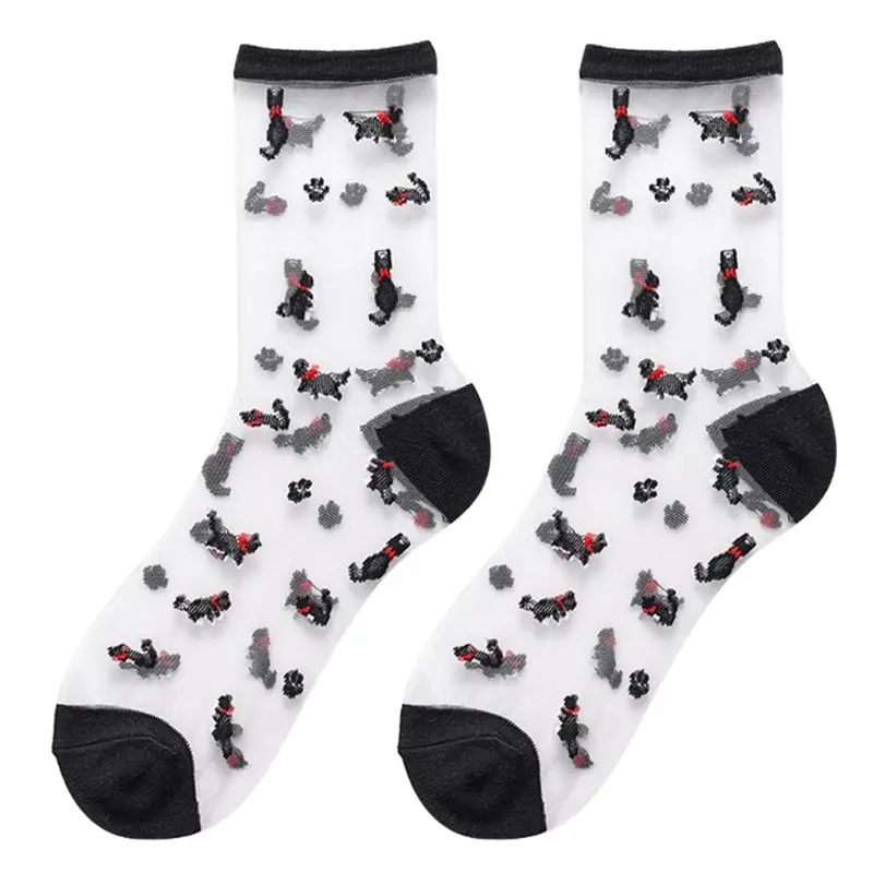 

Women Summer Crew Socks Glass Fiber Transparent Cartoon Cat Jacquard Hosiery XX9D