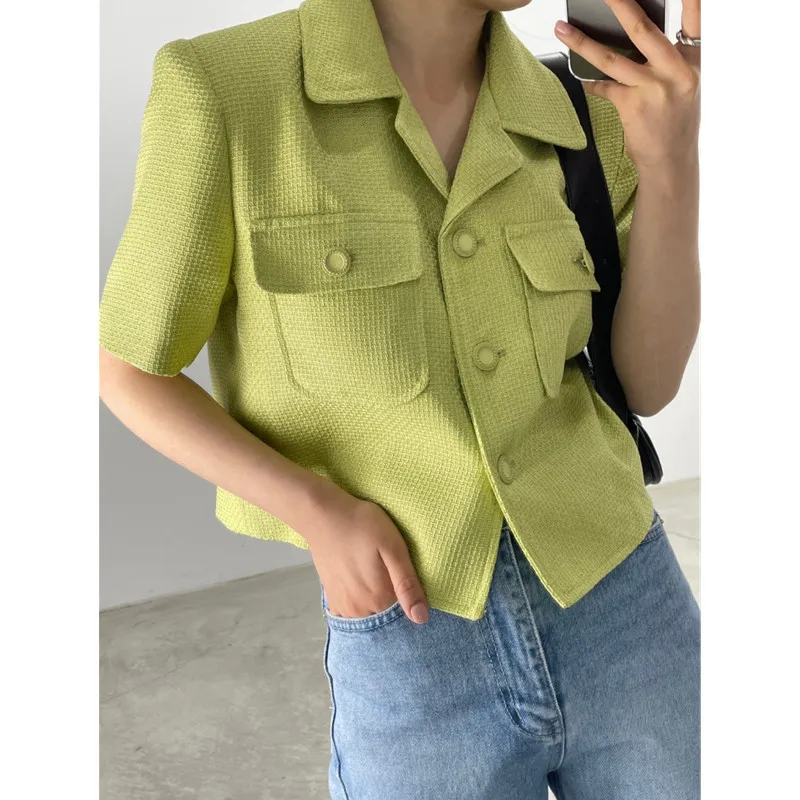 

2021 New Summer Retro Avocado Green Suit Collar Loose And Versatile Casual Solid Color Cardigan Short Jacket